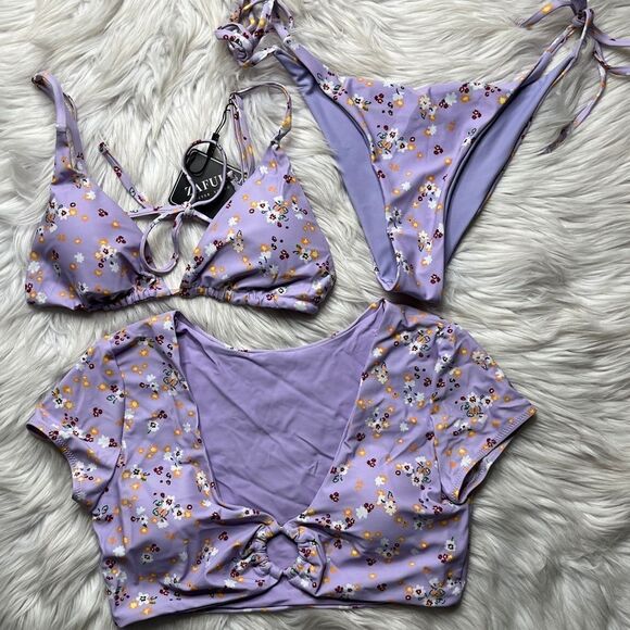 Zaful Bikini Set of 3 Floral Purple Size 6 - Picture 5 of 5